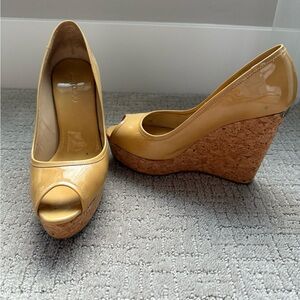 Jimmy Choo Tan Peep Toe Wedge Shoes